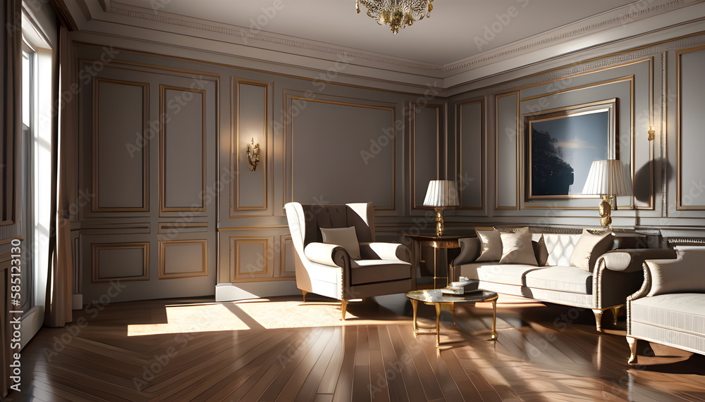 Fototapeta premium Living room interior of furnished apartment cozy couch sofa wooden flooring Generative AI