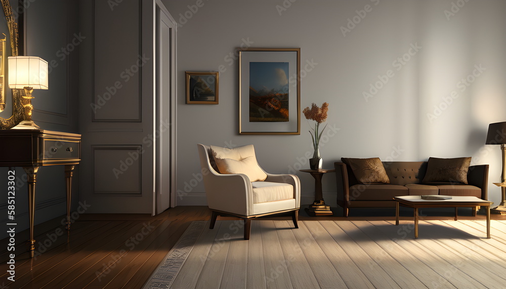 Living room interior of furnished apartment cozy couch sofa wooden flooring Generative AI Living room interior of furnished apartment cozy couch sofa wooden flooring Generative AI