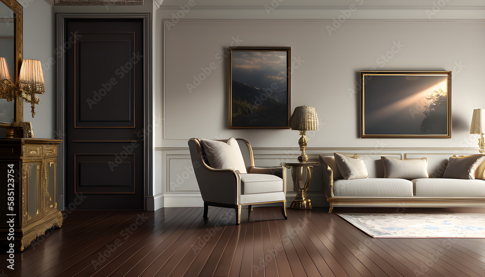 Living room interior of furnished apartment cozy couch sofa wooden flooring Generative AI Living room interior of furnished apartment cozy couch sofa wooden flooring Generative AI