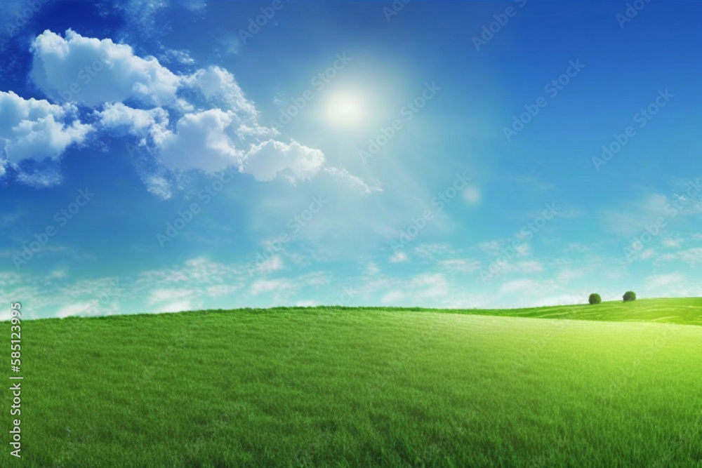 Beautiful grassy field nature landscape background with blooming glade, trees, hills and blue sky on a wonderful sunny day, generative ai