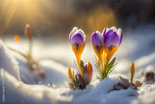 Crocuses snowdrop flowers grow under snow on early spring sunny day with defocused sunlight, the first flowers for Easter is the end of winter, generated ai