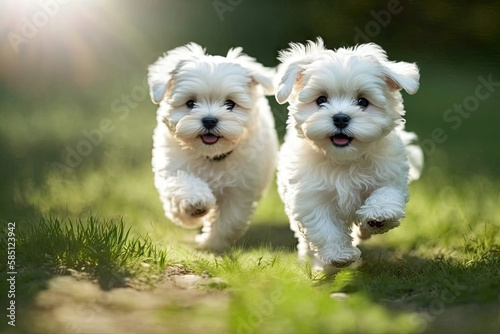 White fluffy cheerful puppies