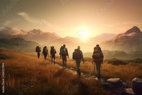 Tourists are moving towards the mountains behind which the bright sun rises  several climbers are moving towards the big mountains  active lifestyle  generated ai