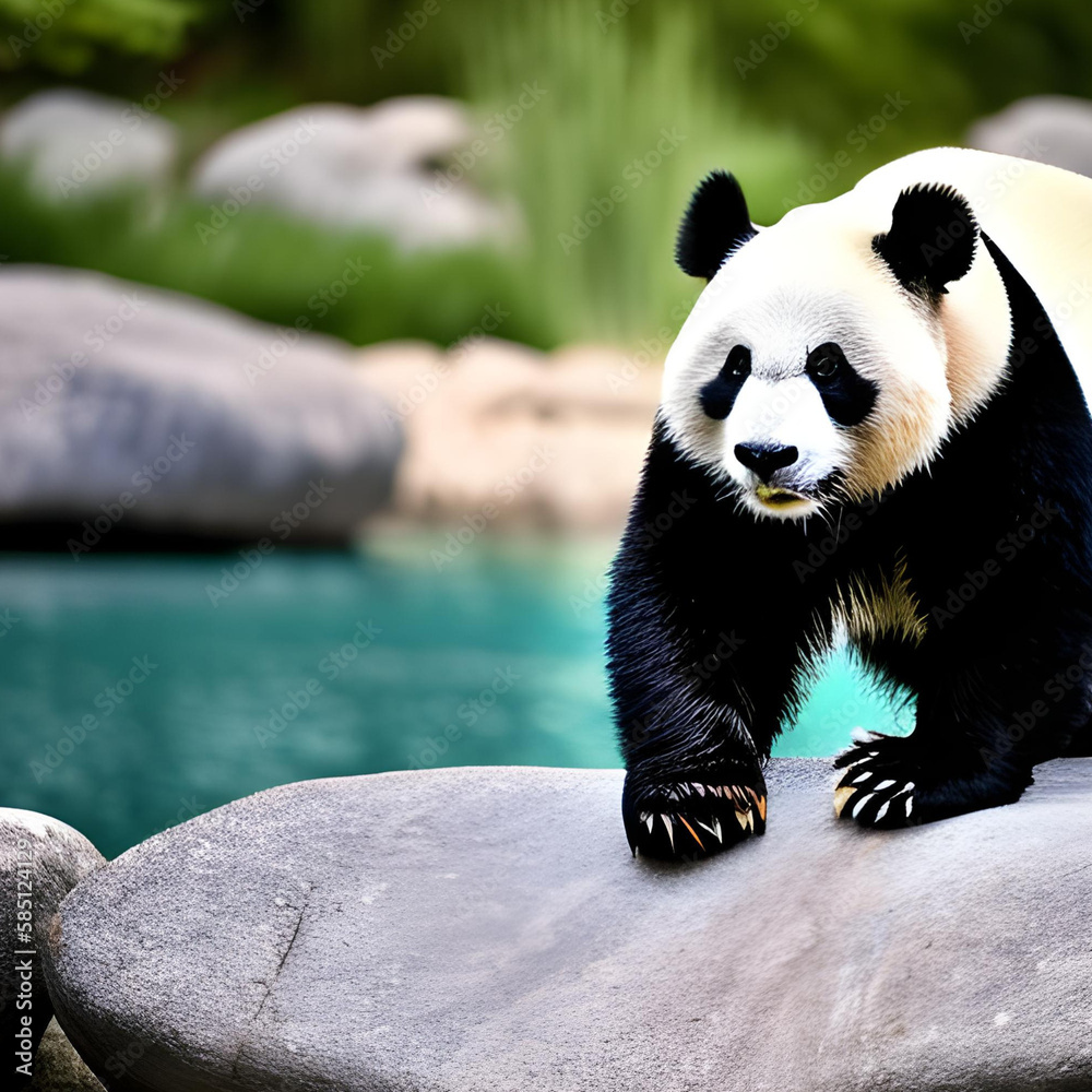 Fototapeta premium A panda on a rock with water in the background