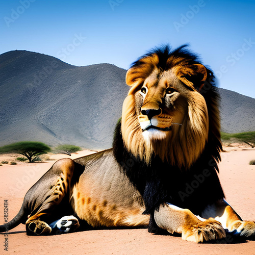 A lion on the sand with mountains in the background