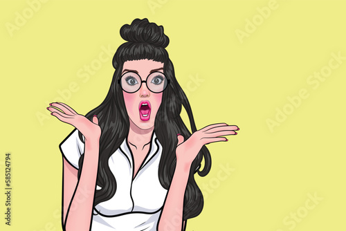 Shocked beautiful woman in eyeglasses excited beautiful woman with open mouth isolated in cartoon style