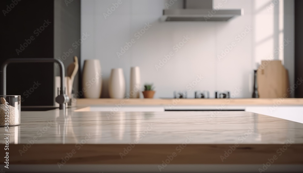 Empty top wooden kitchen counter with white kitchen in the background. Generative AI