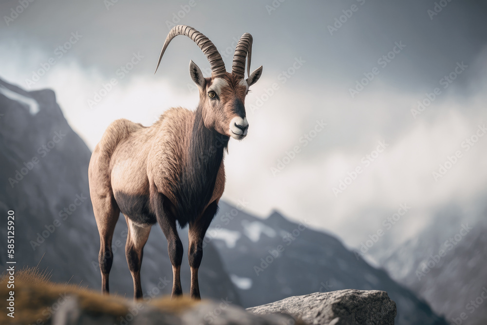 Lonely alpine ibex in the mountain landscape with clouds and fog on a sunny day.  Generative AI
