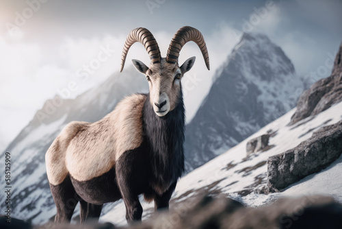 Lonely alpine ibex in the mountain landscape with clouds and fog on a sunny day. Generative AI