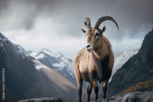 Lonely alpine ibex in the mountain landscape with clouds and fog on a sunny day.  Generative AI © All Creative Lines