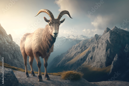 Lonely alpine ibex in the mountain landscape with clouds and fog on a sunny day. Generative AI