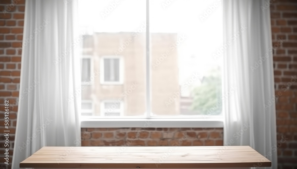 Empty wooden table with brick wall and window background. Generative AI Empty wooden table with brick wall and window background. Generative AI