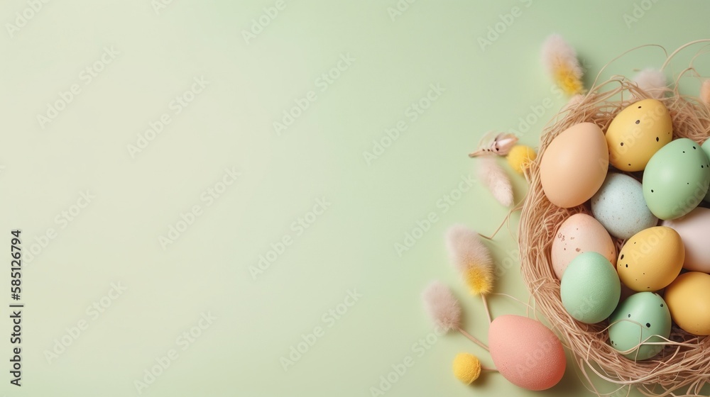 Easter holiday background with copy space. Top view Easter eggs, colorful wallpaper