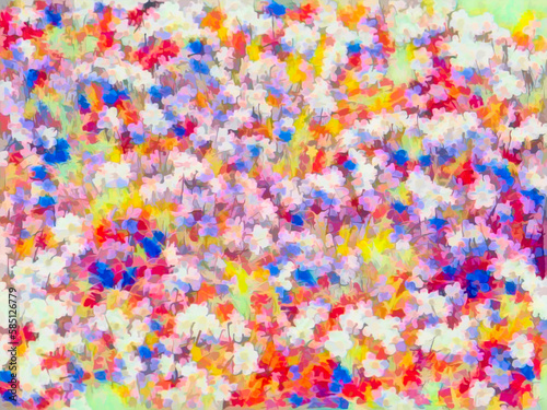 Impressionistic abstract of spring flowers in profusion in an ornamental garden, with digital remix and painting effects