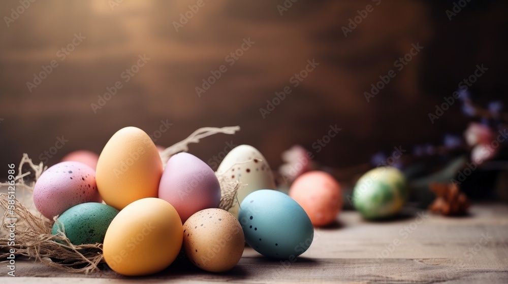Easter holiday background with copy space. Side view Easter eggs, colorful wallpaper