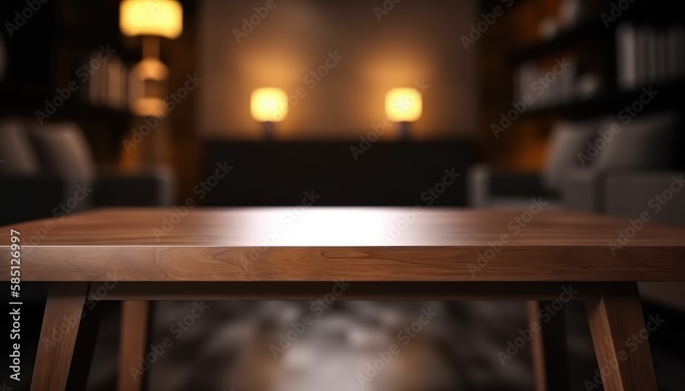 Empty wooden table in dark stylish living room with blurred background. Generative AI