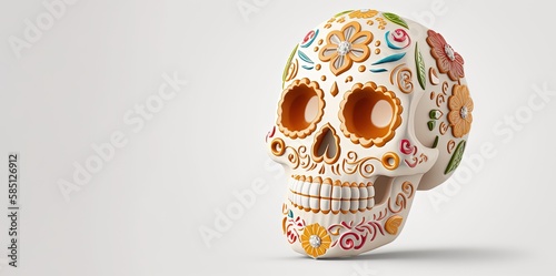 3D Rendered Sugar Skull in a traditional style for Day of the dead  front view  flat lay   isolate white background by ai generative