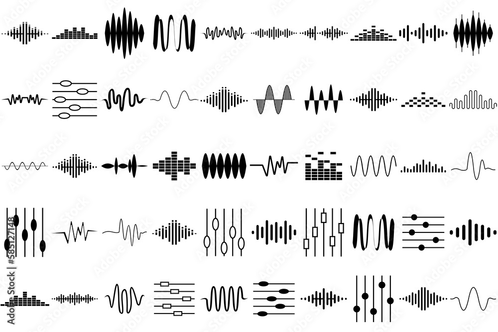 Sound waves set. Modern sound equalizer. Radio wave icons. Volume level symbols. Music frequency - obrazy, fototapety, plakaty 