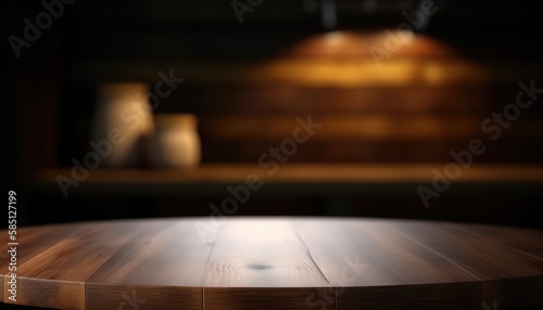 Dark wooden empty table for product display with blurrd living room background. Generative AI © Natee Meepian
