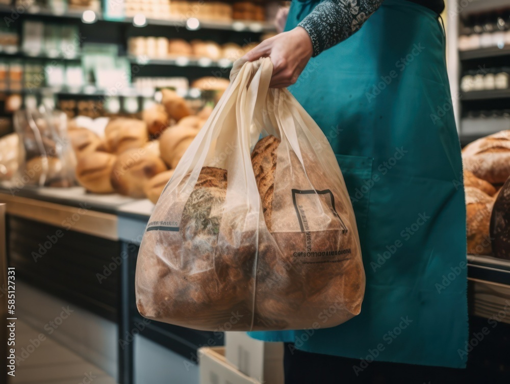 woman's hands carefully hold a craft paper bag with groceries bought in the store. generative AI