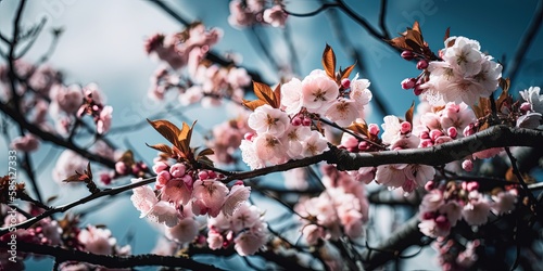 A sakura branch against the sky, Spring banner, branches of blossoming cherry against background of blue sky by ai generative © YuDwi Studio