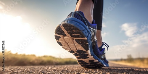 Close - up at the runner feet is running street in blue sky in the city, street and road. Trail running sport action and human challenge concept by ai generative