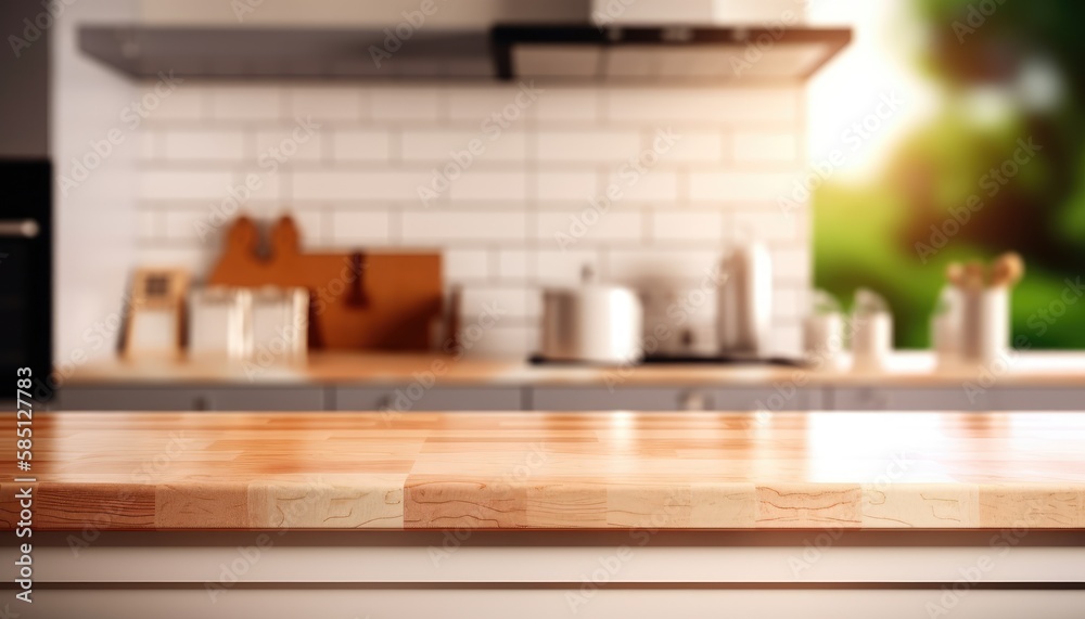 Empty tabletop over defocused window kitchen with copy space. Generative AI Empty tabletop over defocused window kitchen with copy space. Generative AI