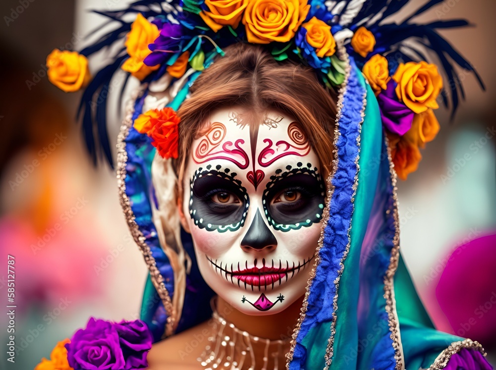 Beautiful, pretty, attractive young sugar skull girl, woman portrait in costume, dressed for mexican Day of the dead celebration (Dia de los Muertos), tradition, folklore in Mexico - generative AI
