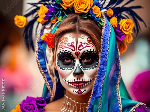 Beautiful, pretty, attractive young sugar skull girl, woman portrait in costume, dressed for mexican Day of the dead celebration (Dia de los Muertos), tradition, folklore in Mexico - generative AI 