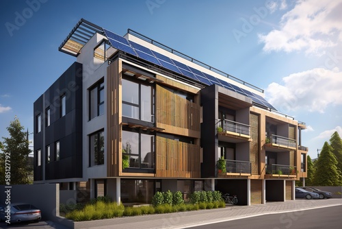 Using solar panels to reduce a buildings carbon footprint and benefits of using solar panels in multifamily reside, generative artificial intelligence © Tor Gilje