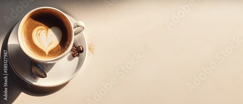 Coffee cappuccino with heart shape and white cup on cream colored background, Coffee on table minimal banner, top view , copy space by ai generative photo