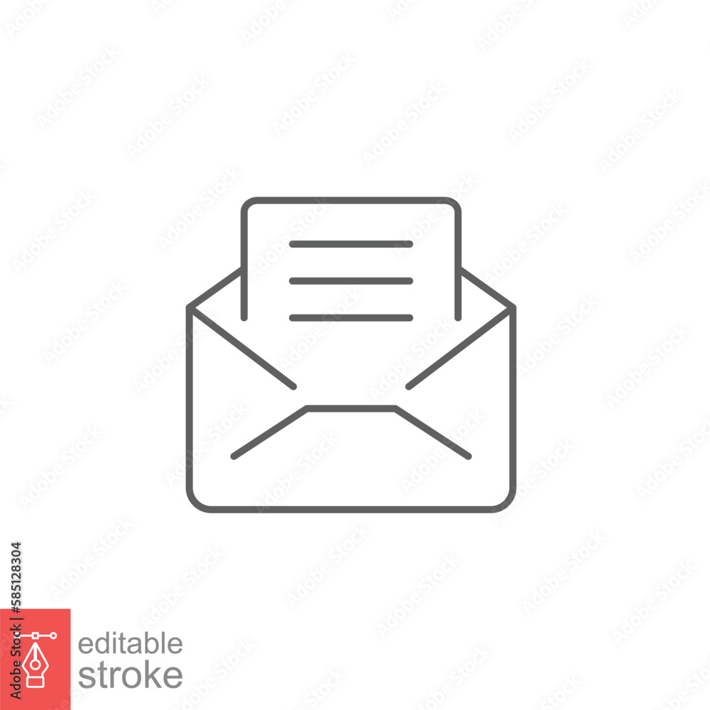 Envelope with letter icon. Simple outline style. Open message, email, mail, newsletter. Thin line symbol. Vector illustration isolated on white background. Editable stroke EPS 10. Envelope with letter icon. Simple outline style. Open message, email, mail, newsletter. Thin line symbol. Vector illustration isolated on white background. Editable stroke EPS 10.