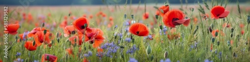 Panoramic banner with red poppy and blue cornflowers on meadow in summer, horizontal border of adorable wild flowers, AI generative