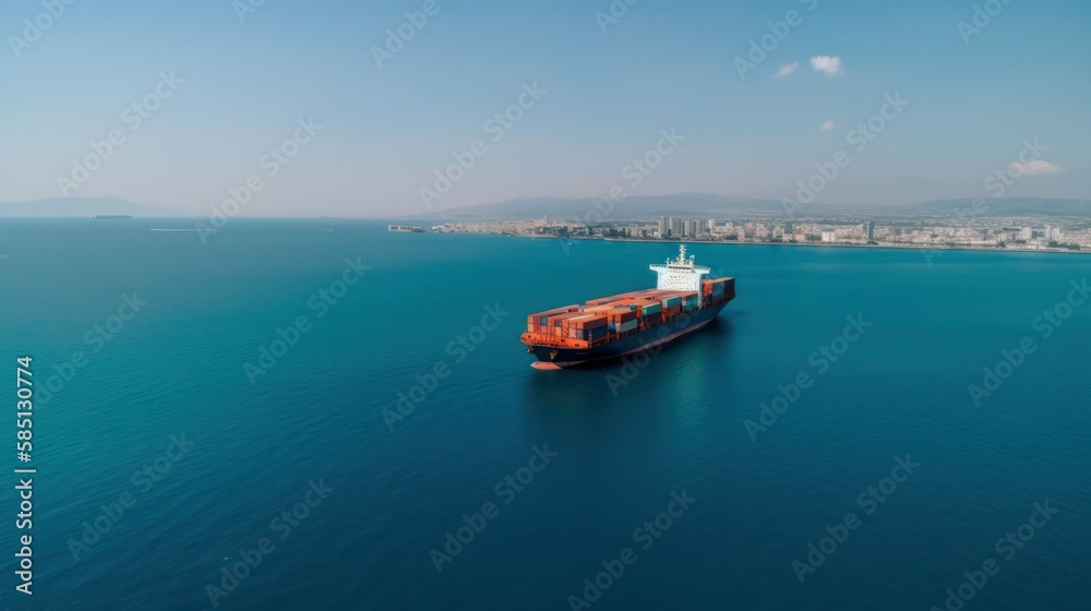 View of a cargo ship carrying a container for importing export goods to a client, conceptual logistics and supply chain. generative AI