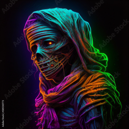 mummy image with neon accents, Generative Ai