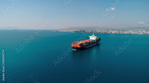 View of a cargo ship carrying a container for importing export goods to a client, conceptual logistics and supply chain. generative AI