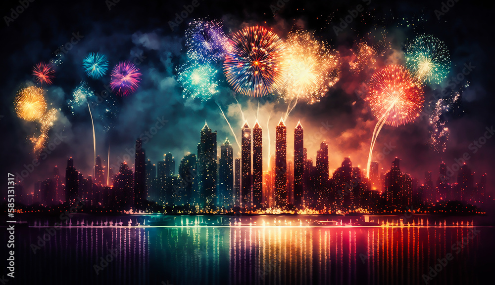Obraz premium Colorful beautiful fireworks over city at night, Generative ai