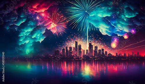 Colorful beautiful fireworks over city at night, Generative ai © Onchira
