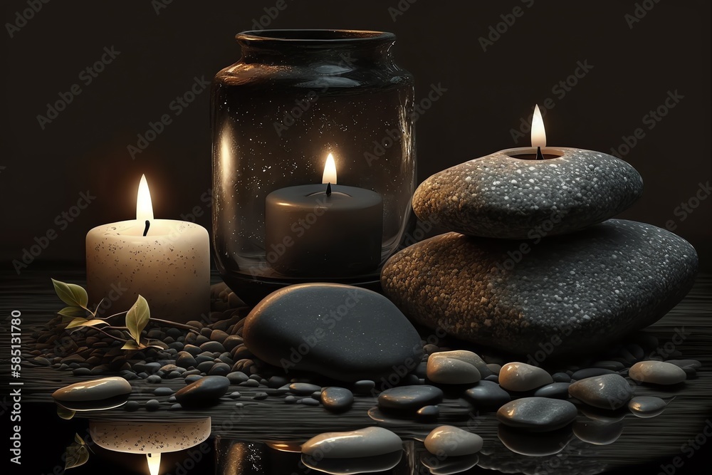 Candles and SPA stones on dark background. Spa and wellness setting with candles. Aromatherapy. Generative AI Candles and SPA stones on dark background. Spa and wellness setting with candles. Aromatherapy. Generative AI