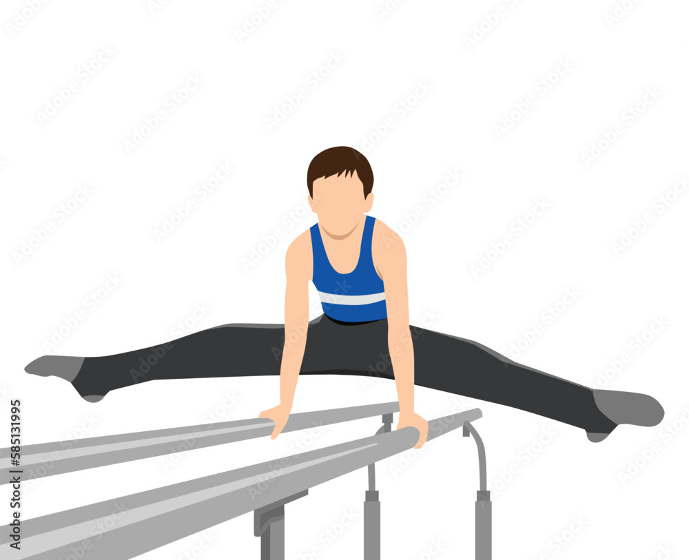 Young boy balancing on parallel bars. Young professional gymnast. Teenager in sportswear. Artistic gymnastics