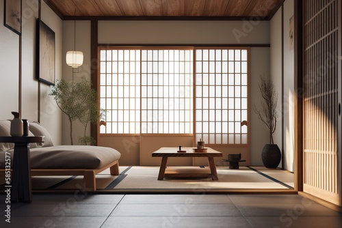 Zen Room  Capture a set of images that showcase a serene  minimalist Zen room. Generative AI