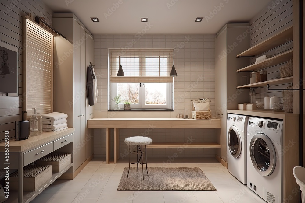 Laundry Room: Capture a set of images that showcase a functional, organized laundry room. Generative AI Laundry Room: Capture a set of images that showcase a functional, organized laundry room. Generative AI