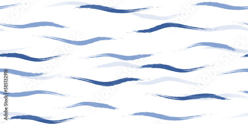 Seamless Wave Pattern  Hand drawn cute water vector background. Watercolor sea brush smears  baby paint lines design