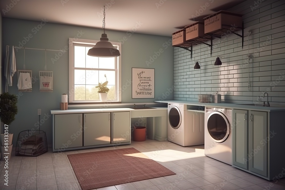 Laundry Room: Create a set of images that showcase a bright, functional laundry room. Generative AI