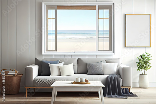 Mockup frame in warm interior of home  living room in coastal style  big blank space. Generative Ai