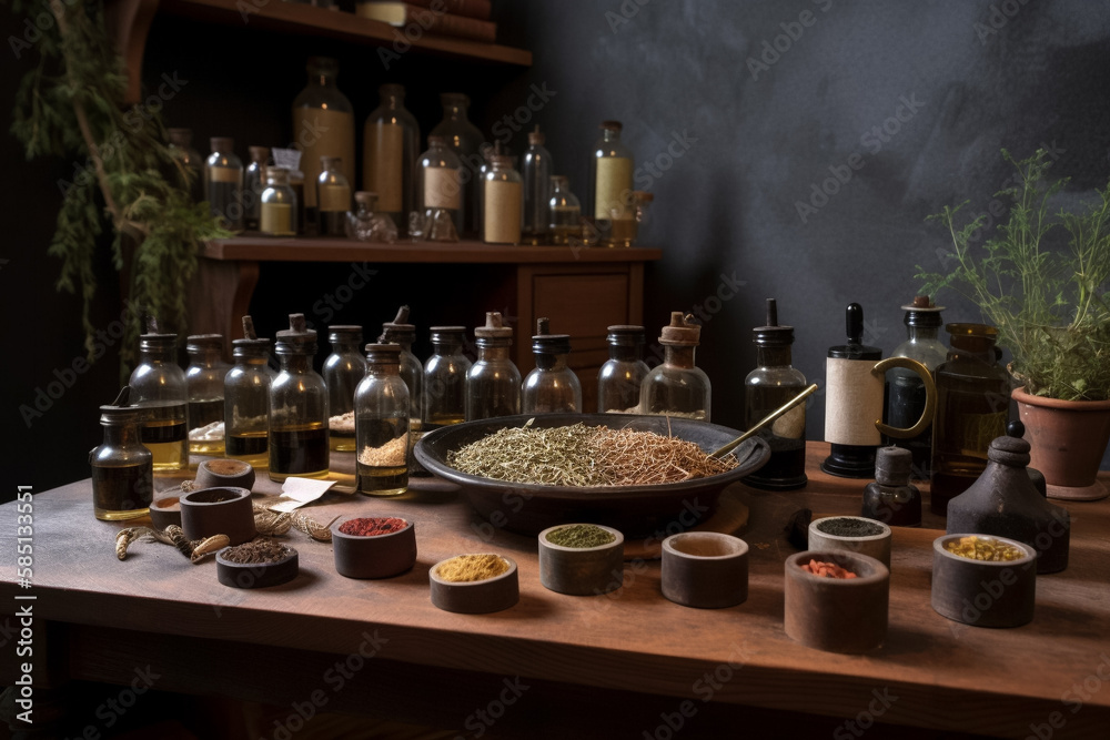 Natural medicine, preparation of herbs in herbal studio. Retro style. Generative AI technology. Natural medicine, preparation of herbs in herbal studio. Retro style. Generative AI technology.