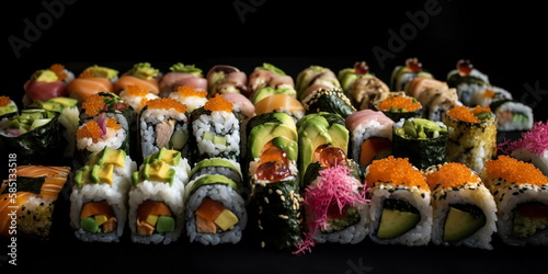 Sushi rolls with tiger shrimp, salmon and avocado, cucumbers, tobiko