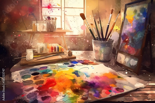 Art Studio: Capture a set of images that showcase a colorful, inspiring art studio. Generative AI © create interior
