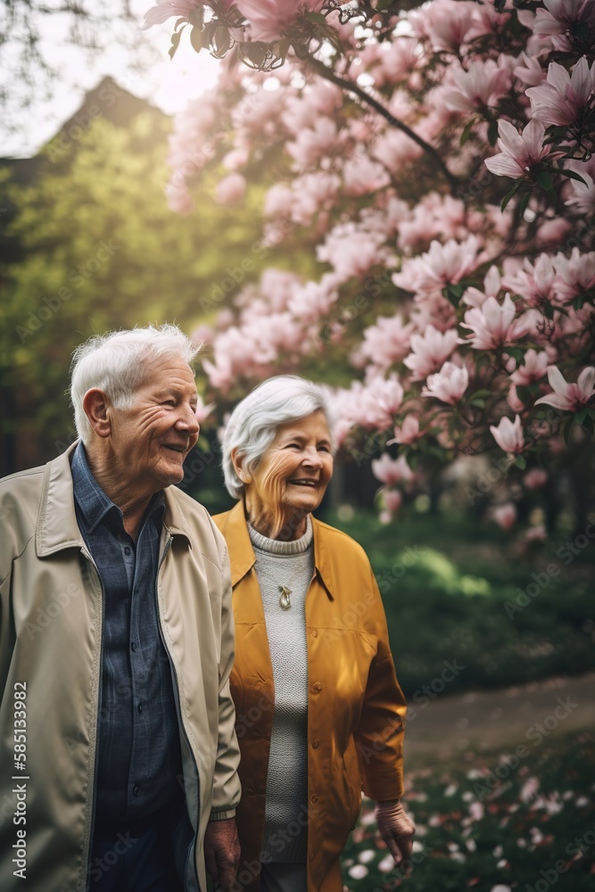 Elderly couple walking in the park under cherry blossom trees. Generative AI vertical shot