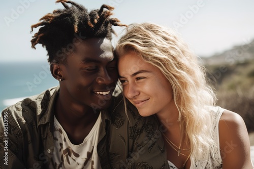 Adorable multiethnic young couple enjoying vacations by the beach. Generative AI